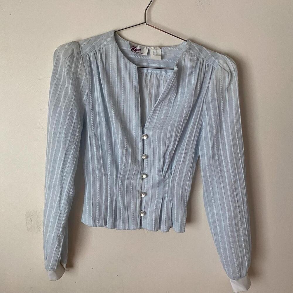 Vintage 80s Kono Light Blue Striped Button Up Blouse Women's XS
